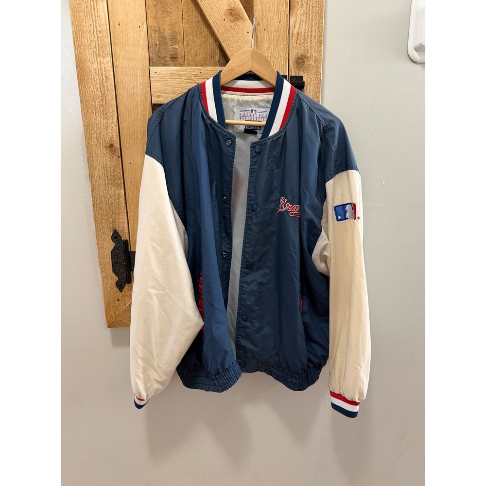 Vintage Pro Layer Atlanta Braves MLB Jacket Mens Large Navy Blue Snap Varsity